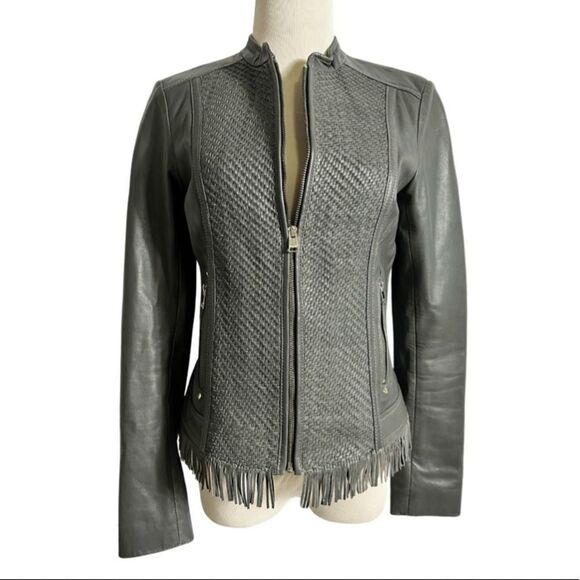 LAMARQUE Charcoal Grey Fringe BasketWeave Moto Soft Leather Jacket